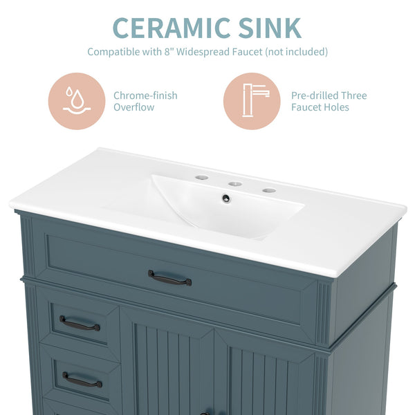 English Elm 36" Modern Bathroom Vanity with Ceramic Sink, Solid Wood + MDF Frame, Sleek Freestanding Design Blue N725P195410C