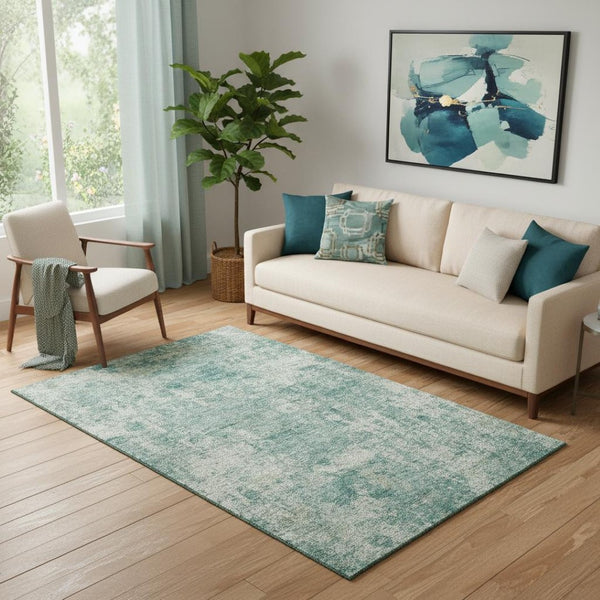 HomeRoots 8' Teal and Beige Abstract Washable Round Rug - UV Protected, Stain Resistant, Modern Design for Homes 716794