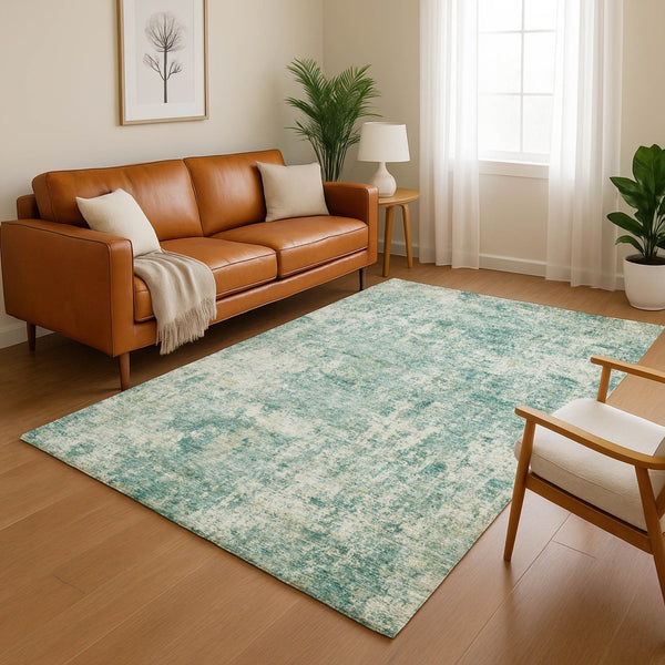 HomeRoots 9' X 12' Teal and Beige Abstract Area Rug - Washable, UV Protected, Stain Resistant for Modern Homes 716796