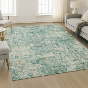 HomeRoots 9' X 12' Teal and Beige Abstract Area Rug - Washable, UV Protected, Stain Resistant for Modern Homes 716796
