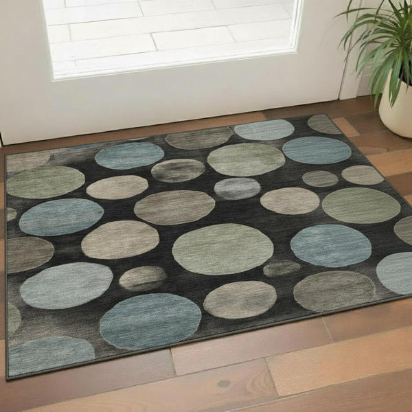 HomeRoots 5' X 8' Washable Black and Taupe Geometric Area Rug with UV Protection for Modern Home Style 716805