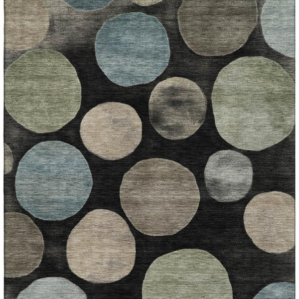 HomeRoots 8' Black And Taupe Geometric Round Rug - Washable, UV-Protected, Durable Design for Busy Homes 716806