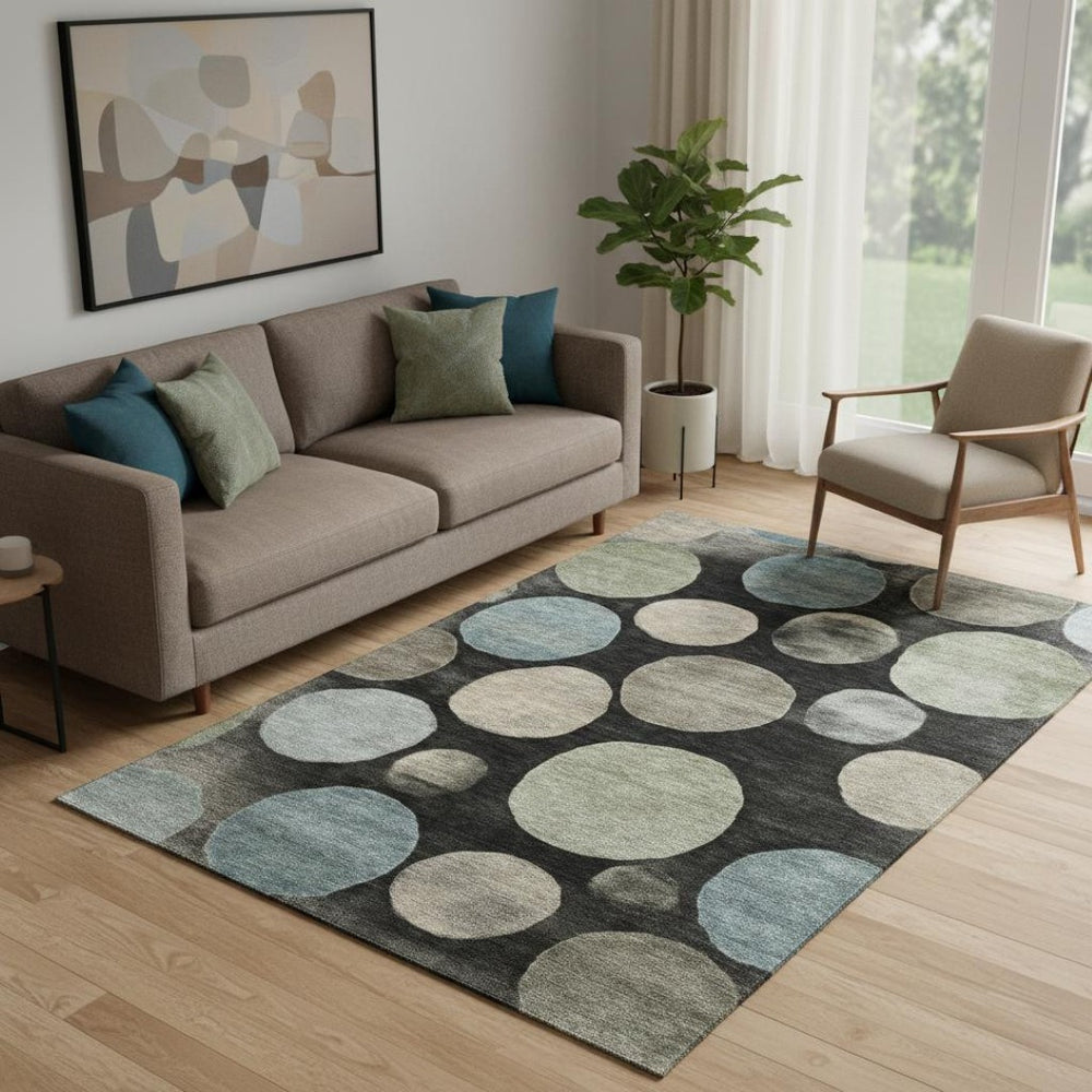 HomeRoots 8' Black And Taupe Geometric Round Rug - Washable, UV-Protected, Durable Design for Busy Homes 716806