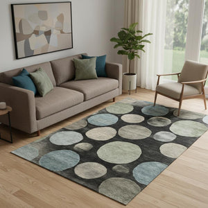 HomeRoots 8' Black And Taupe Geometric Round Rug - Washable, UV-Protected, Durable Design for Busy Homes 716806