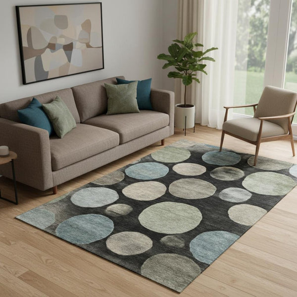 HomeRoots 8' Black And Taupe Geometric Round Rug - Washable, UV-Protected, Durable Design for Busy Homes 716806