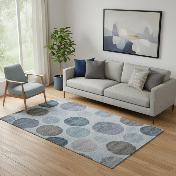 HomeRoots 8' Blue and Gray Geometric Round Rug - Washable, UV Protected, Durable, Ideal for High Traffic Areas 716812