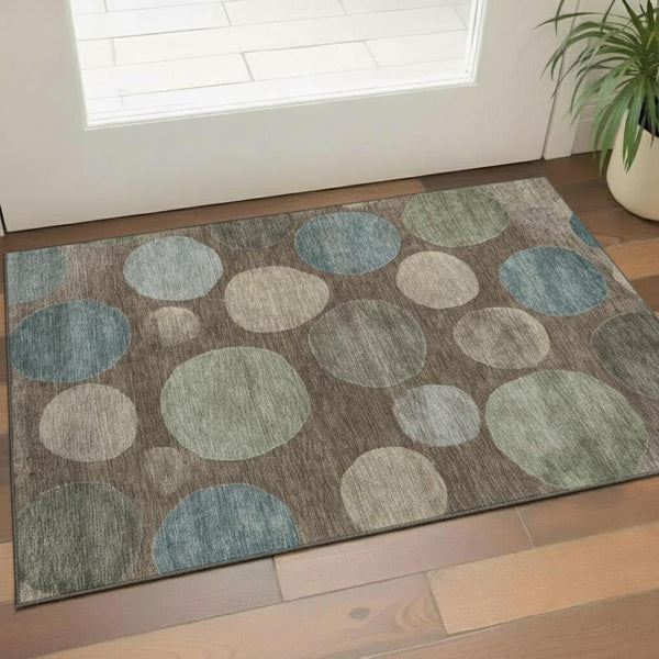 HomeRoots 5' Chocolate and Teal Geometric Area Rug - Washable, UV Resistant, Durable, Stylish for Every Home 716817