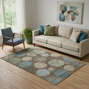HomeRoots 8' Chocolate and Teal Geometric Washable Round Rug - Stylish, Durable, UV Protection for Any Space! 716818