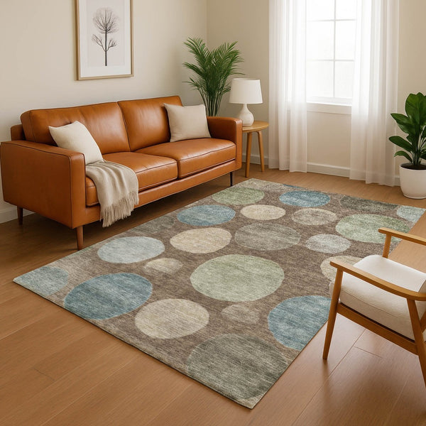 HomeRoots 8' Chocolate and Teal Geometric Washable Round Rug - Stylish, Durable, UV Protection for Any Space! 716818
