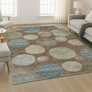 HomeRoots 8' Chocolate and Teal Geometric Washable Round Rug - Stylish, Durable, UV Protection for Any Space! 716818