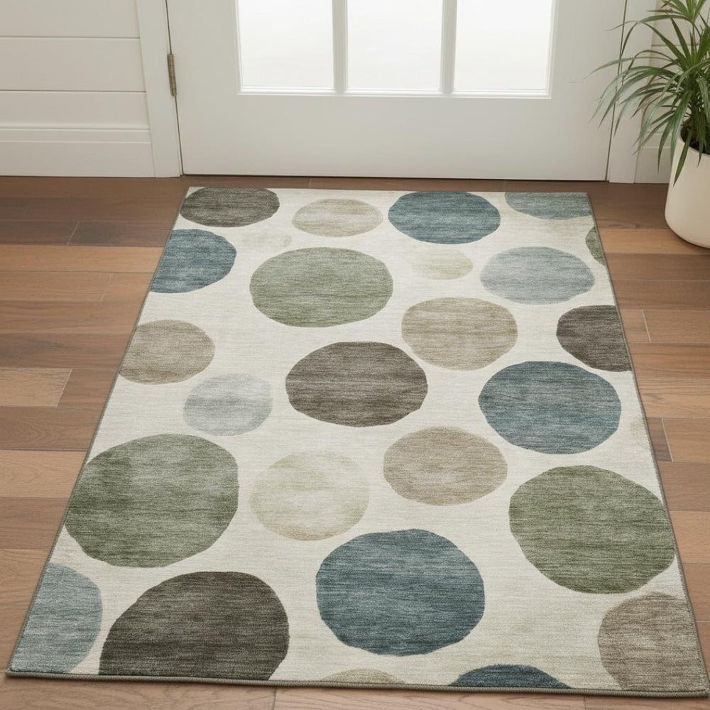 HomeRoots 5' X 8' Ivory and Teal Geometric Area Rug - Washable, UV Protected, Perfect for Kids and Pets! 716823