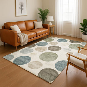 HomeRoots 8' Ivory and Teal Geometric Washable Round Rug - UV Protected, Stain Resistant, Perfect for Homes 716824