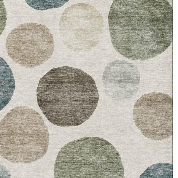 HomeRoots 8' Ivory and Teal Geometric Washable Round Rug - UV Protected, Stain Resistant, Perfect for Homes 716824