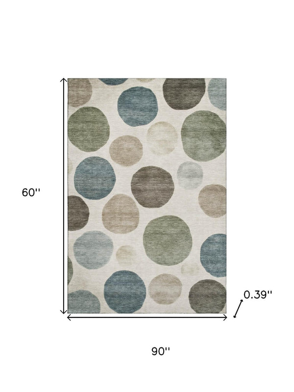 HomeRoots 8' Ivory and Teal Geometric Washable Round Rug - UV Protected, Stain Resistant, Perfect for Homes 716824