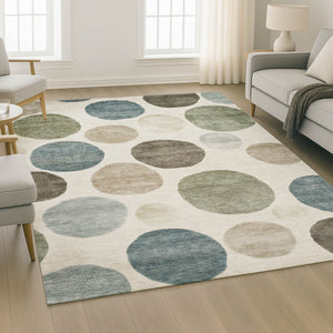 HomeRoots 8' Ivory and Teal Geometric Washable Round Rug - UV Protected, Stain Resistant, Perfect for Homes 716824