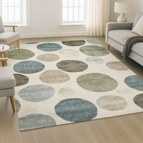HomeRoots 8' Ivory and Teal Geometric Washable Round Rug - UV Protected, Stain Resistant, Perfect for Homes 716824