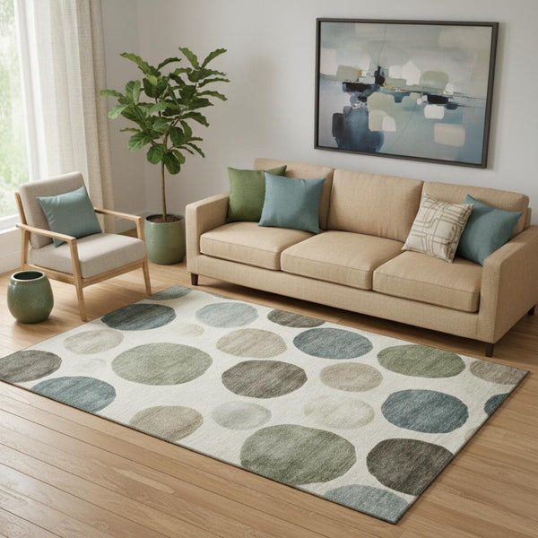 HomeRoots 8' Ivory and Teal Geometric Washable Round Rug - UV Protected, Stain Resistant, Perfect for Homes 716824