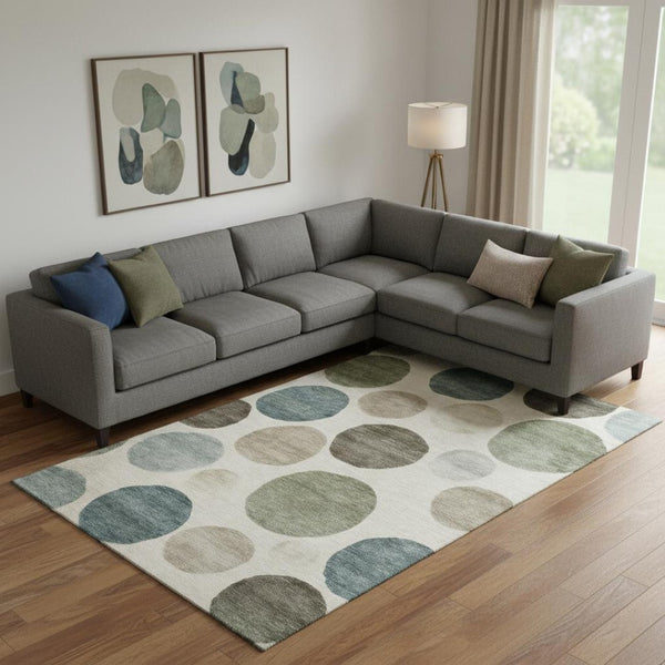 HomeRoots 10' X 14' Ivory & Teal Geometric Area Rug – Washable, UV-Protected, Stain-Resistant & Soft for Homes 716827
