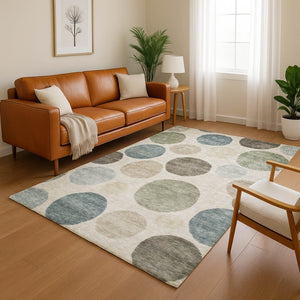 HomeRoots 5' X 8' Khaki & Teal Geometric Area Rug – Washable, UV-Protected, Durable for Kids & Pets! 716829