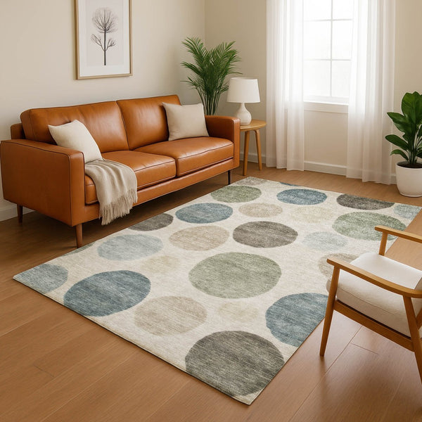 HomeRoots 5' X 8' Khaki & Teal Geometric Area Rug – Washable, UV-Protected, Durable for Kids & Pets! 716829
