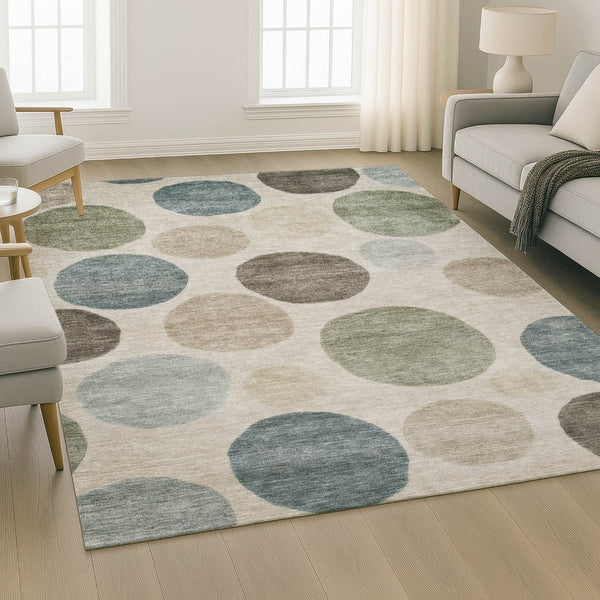 HomeRoots 5' X 8' Khaki & Teal Geometric Area Rug – Washable, UV-Protected, Durable for Kids & Pets! 716829