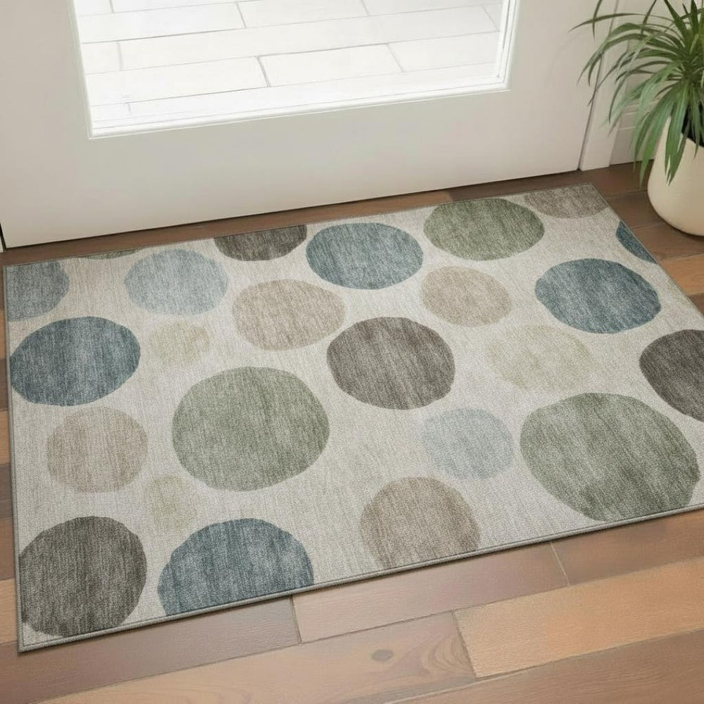 HomeRoots 5' X 8' Khaki & Teal Geometric Area Rug – Washable, UV-Protected, Durable for Kids & Pets! 716829