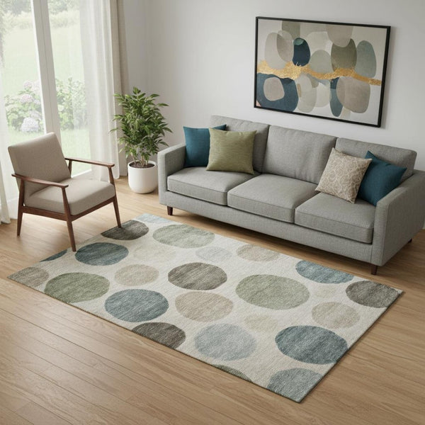 HomeRoots 8' Khaki and Teal Geometric Washable Round Rug – Durable, UV Protected, Perfect for High-Traffic Areas 716830