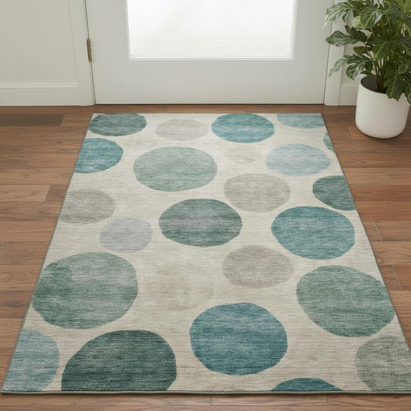 HomeRoots 5' X 8' Teal And Ivory Geometric Area Rug - Machine Washable, UV Protection & Stain Resistant Design 716841