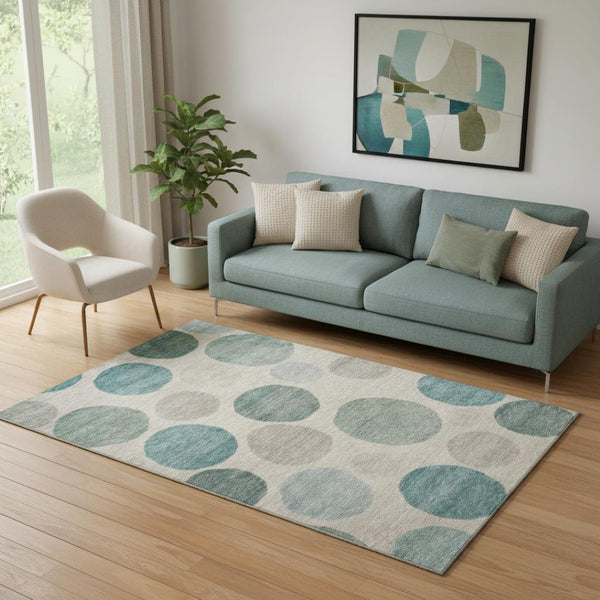 HomeRoots 8' Teal and Ivory Geometric Washable Round Rug - Stylish, Durable, UV-Protected for Busy Homes 716842