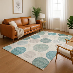 HomeRoots 9' X 12' Teal And Ivory Geometric Area Rug - Machine Washable, UV Protected, Family-Friendly Style 716844