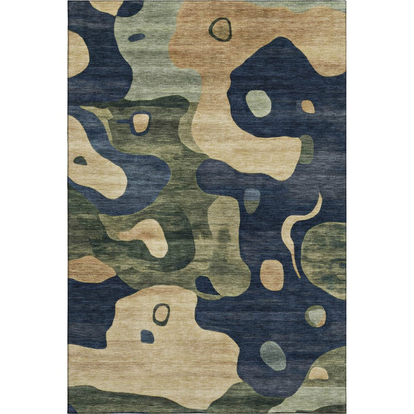 HomeRoots 5' X 8' Navy Blue & Beige Abstract Area Rug - Washable, UV-Protected, Durable for High-Traffic Areas 716853