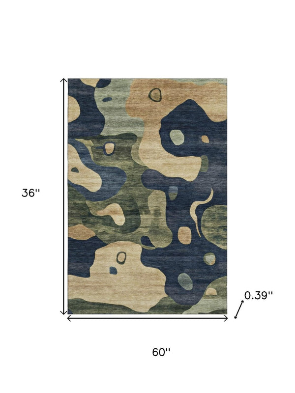 HomeRoots 5' X 8' Navy Blue & Beige Abstract Area Rug - Washable, UV-Protected, Durable for High-Traffic Areas 716853