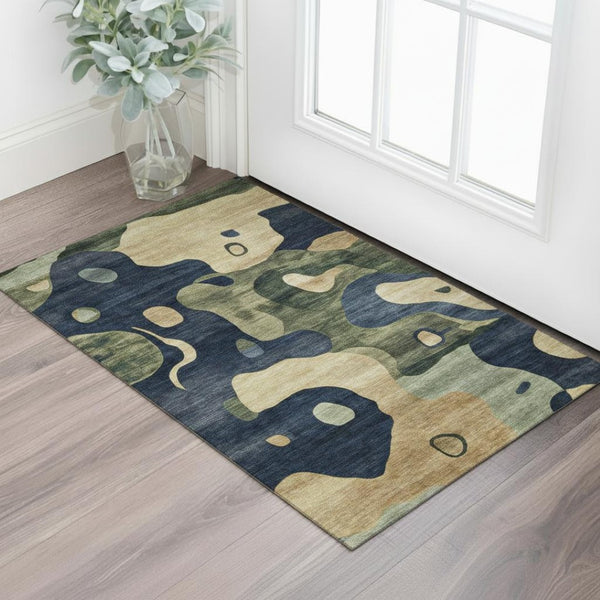 HomeRoots 5' X 8' Navy Blue & Beige Abstract Area Rug - Washable, UV-Protected, Durable for High-Traffic Areas 716853