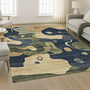 HomeRoots 8' Navy Blue and Beige Abstract Round Rug - Easy-Care, UV-Protected, Stylish Design for Any Space 716854