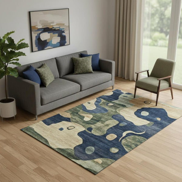 HomeRoots 8' Navy Blue and Beige Abstract Round Rug - Easy-Care, UV-Protected, Stylish Design for Any Space 716854
