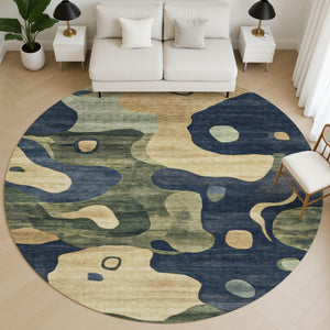HomeRoots 8' X 10' Navy Blue & Beige Abstract Washable Area Rug | UV Protected, Durable & Easy Care Solution 716855