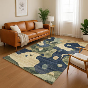 HomeRoots 9' X 12' Navy Blue and Beige Abstract Area Rug - Washable, UV-Protected, Durable for Kids & Pets 716856