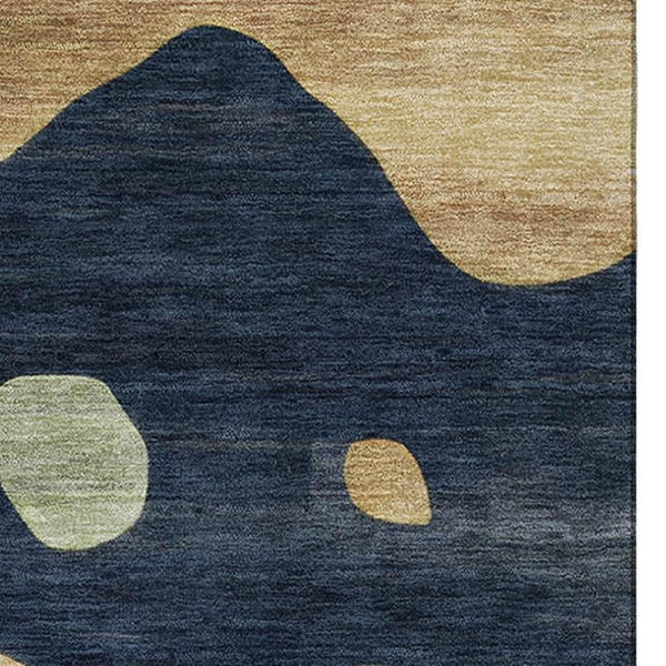 HomeRoots 9' X 12' Navy Blue and Beige Abstract Area Rug - Washable, UV-Protected, Durable for Kids & Pets 716856