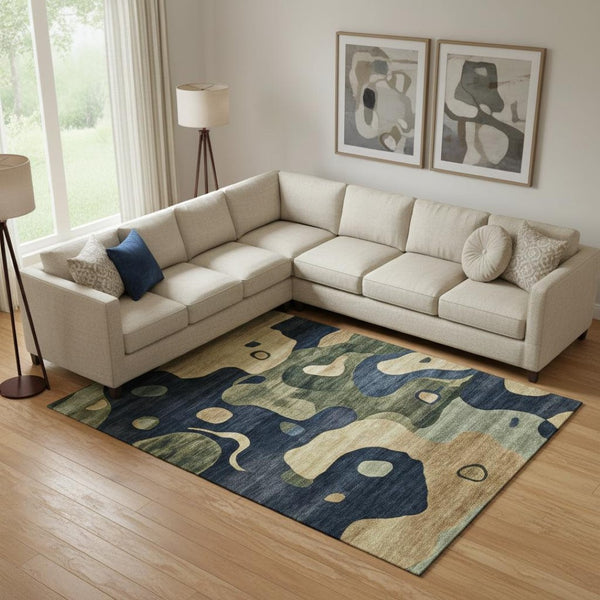 HomeRoots 9' X 12' Navy Blue and Beige Abstract Area Rug - Washable, UV-Protected, Durable for Kids & Pets 716856
