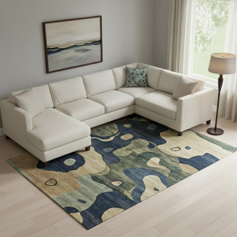 HomeRoots 10' X 14' Navy Blue And Beige Abstract Area Rug - UV Protected, Stain Resistant, Machine Washable Design 716857