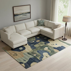 HomeRoots 10' X 14' Navy Blue And Beige Abstract Area Rug - UV Protected, Stain Resistant, Machine Washable Design 716857