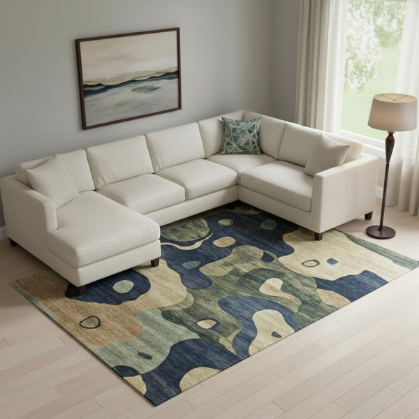 HomeRoots 10' X 14' Navy Blue And Beige Abstract Area Rug - UV Protected, Stain Resistant, Machine Washable Design 716857