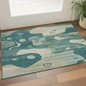 HomeRoots 5' X 8' Stylish Teal & Ivory Abstract Washable Area Rug with UV Protection for High-Traffic Areas 716859