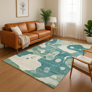 HomeRoots 9' X 12' Teal and Ivory Abstract Area Rug - Washable, UV Protected, Durable, Perfect for Families! 716862