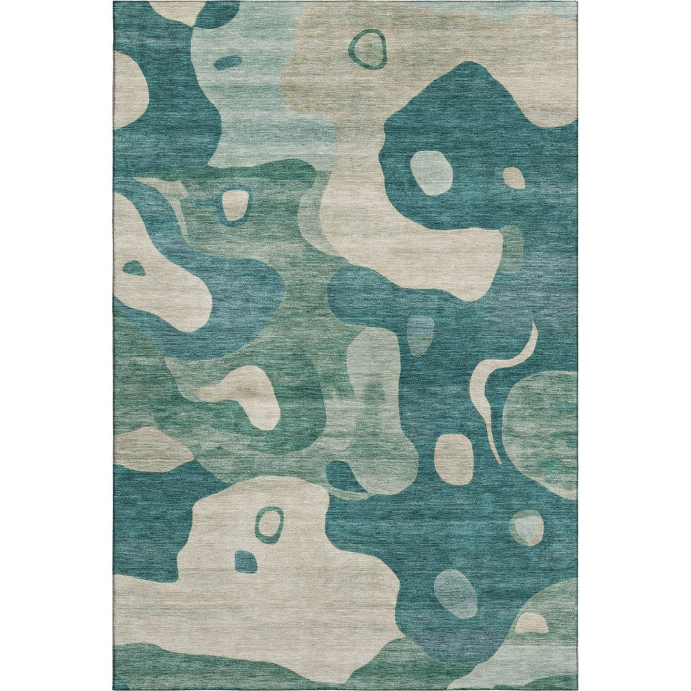 HomeRoots 9' X 12' Teal and Ivory Abstract Area Rug - Washable, UV Protected, Durable, Perfect for Families! 716862