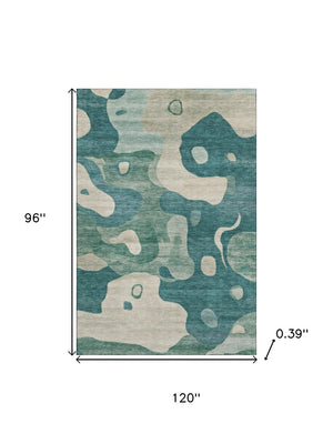 HomeRoots 9' X 12' Teal and Ivory Abstract Area Rug - Washable, UV Protected, Durable, Perfect for Families! 716862