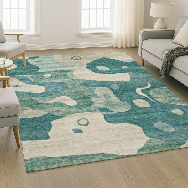 HomeRoots 9' X 12' Teal and Ivory Abstract Area Rug - Washable, UV Protected, Durable, Perfect for Families! 716862