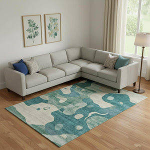 HomeRoots 10' X 14' Teal And Ivory Abstract Area Rug – Machine Washable, UV Protected, Stylish & Durable Design 716863