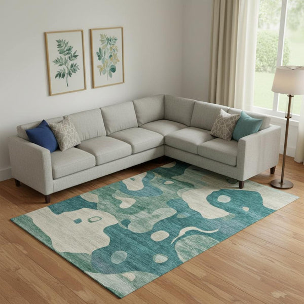 HomeRoots 10' X 14' Teal And Ivory Abstract Area Rug – Machine Washable, UV Protected, Stylish & Durable Design 716863