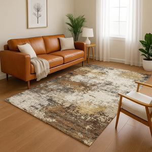 HomeRoots 5' X 8' Brown And Beige Abstract Area Rug - Durable, Washable, UV-Protected for All Spaces! 716865